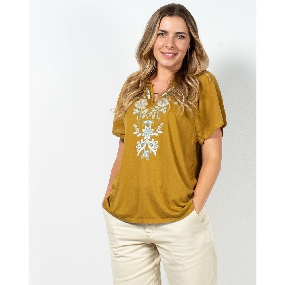 J.Jill | Floral Embroidered Flowy Yellow Gold Ruffle Collar Tee Medium Boho